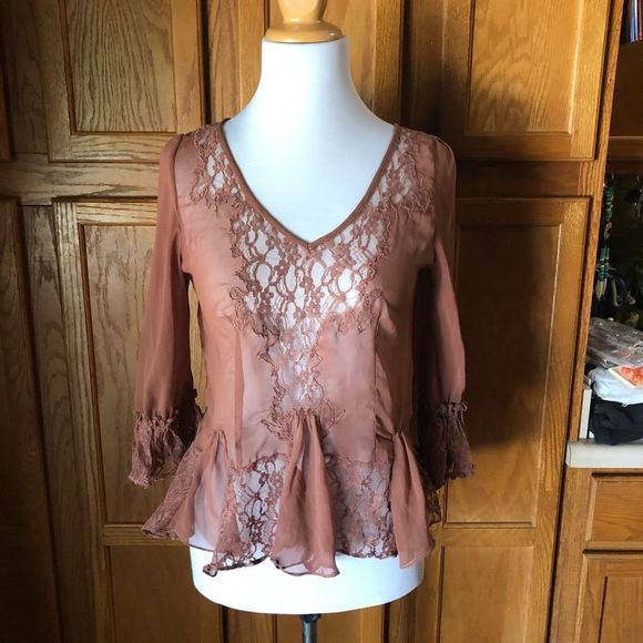 Anthropologie Tops - 🍁Anthropologie Odille Sheer Top Blouse Size 8 Brown Lace